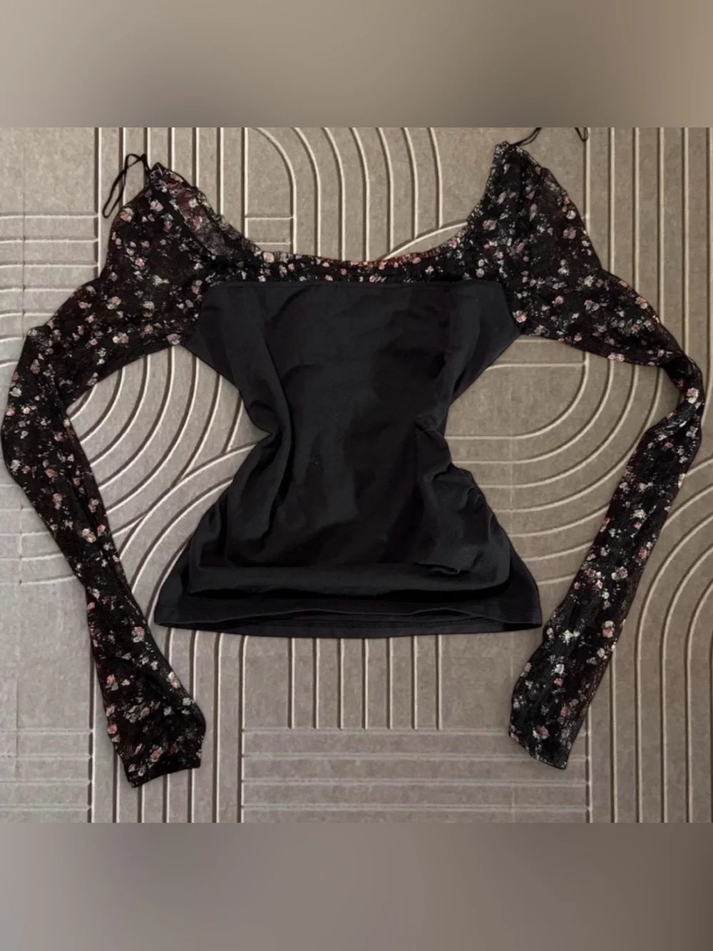 Free People Black Floral Mesh Long Sleeve Square Neck Top